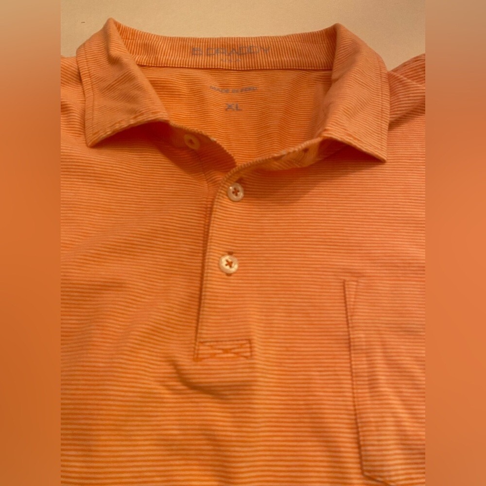 B. Draddy Mens XL Orange White Striped Pima Cotton Stretch Polo Shirt QBC Logo